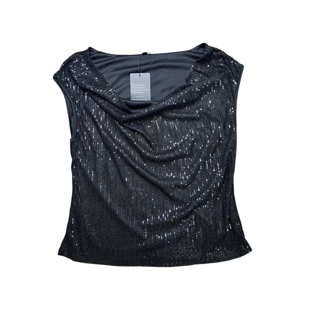 FOLUNSI Black Sequin Cowl Neck Sleeveless Top Party Evening Blouse Large NWT